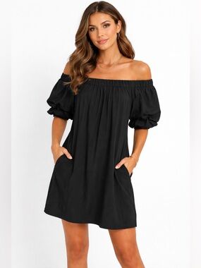 MERSEA Black Off Shoulder Boho Mini Dress Puff Sleeve Cottagecore Whimsygoth S